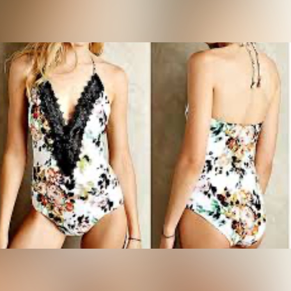Anthropologie Lace-Front Halter Tie Allihop Floral One Piece